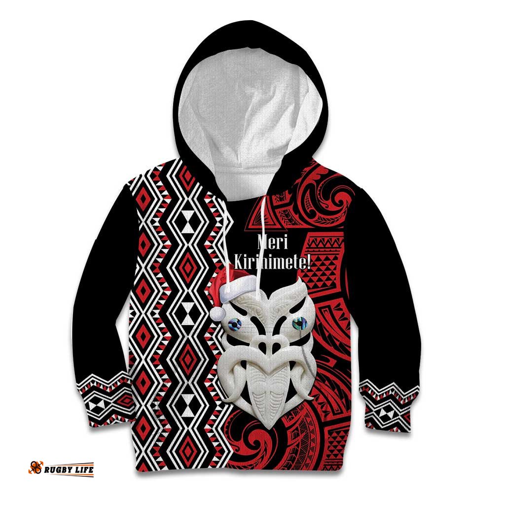 Personalised New Zealand Christmas Kid Hoodie Meri Kirihimete Maori Wheku Taniko Art