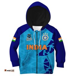Custom Text And Number India Cricket Hoodie KID Men in Blue Mens World Cup