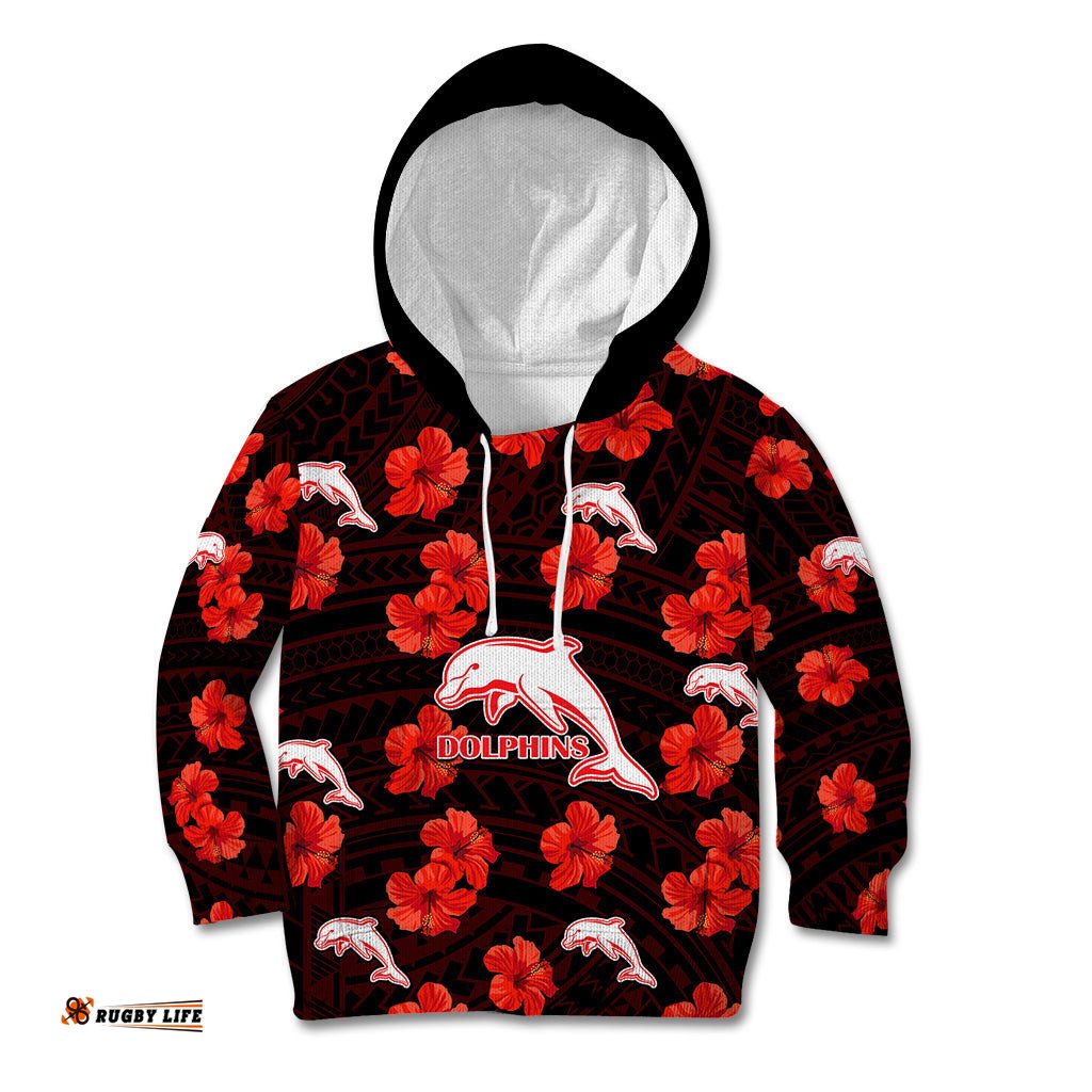 Dolphins Rugby Kid Hoodie Polynesian Style With Hibiscus