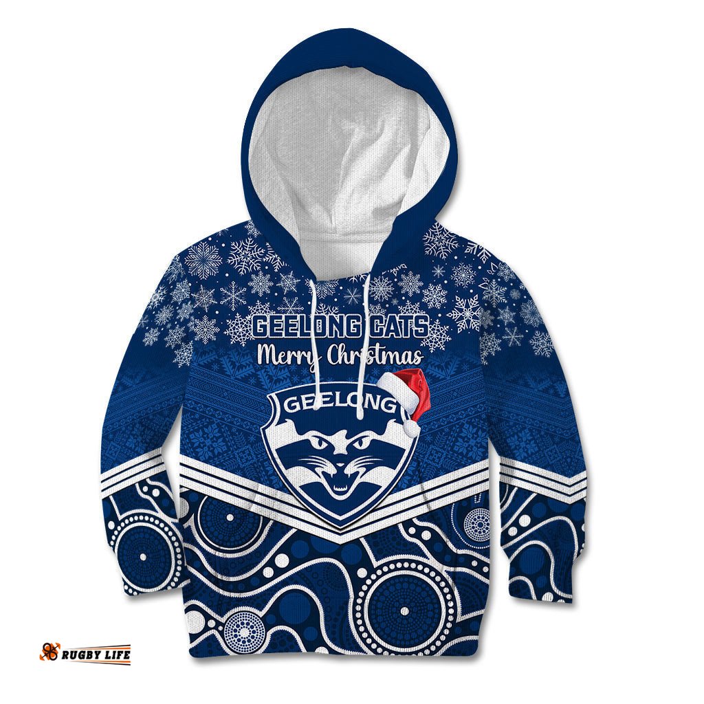 Custom Geelong Football Christmas Kid Hoodie Merry Xmas Mix Aboriginal Art
