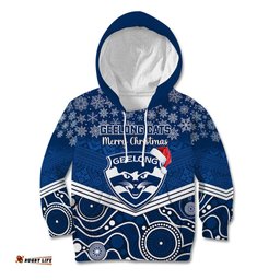Custom Geelong Football Christmas Kid Hoodie Merry Xmas Mix Aboriginal Art