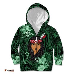 New Zealand Custom Women's Day Kid Hoodie Maori Girl Feathers of Hope Green