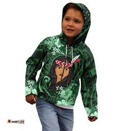 New Zealand Custom Women's Day Kid Hoodie Maori Girl Feathers of Hope Green