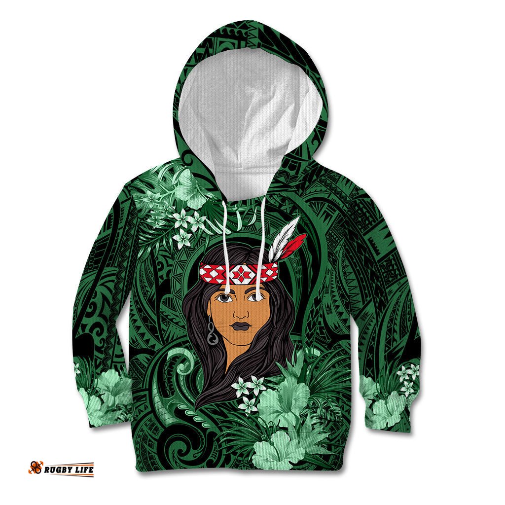 New Zealand Custom Women's Day Kid Hoodie Maori Girl Feathers of Hope Green