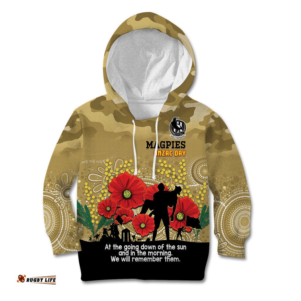 Custom Collingwood Football ANZAC Kid Hoodie Gallipoli Camouflage With Poppies