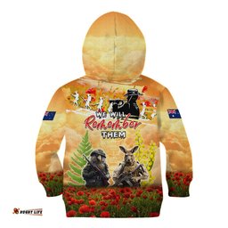 Australia And New Zealand ANZAC Day Kid Hoodie Kangaroo And Kiwi Bird Soldiers Lest We Forget