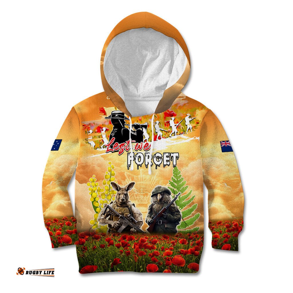 Australia And New Zealand ANZAC Day Kid Hoodie Kangaroo And Kiwi Bird Soldiers Lest We Forget