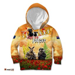 Australia And New Zealand ANZAC Day Kid Hoodie Kangaroo And Kiwi Bird Soldiers Lest We Forget