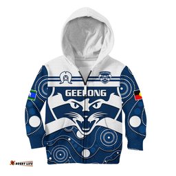 Custom Text And Number Geelong Football NAIDOC Hoodie KID Cats For Our Elders Indigenous Art