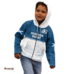 Custom Text And Number Scotland Rugby Kid Hoodie Thistle Mix Tartan Scottish Map Sporty Version Blue