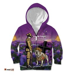 Australia Dog Heroes ANZAC Kid Hoodie Remembering All Animals In War Purple Poppies