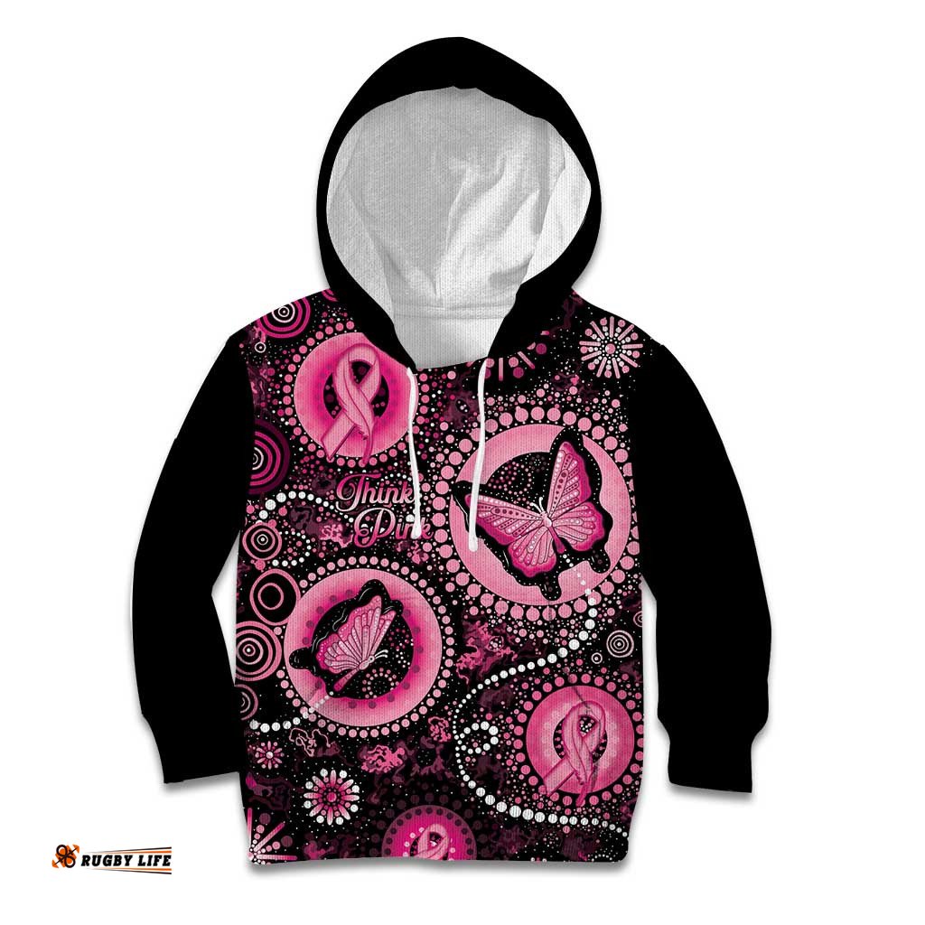 Personalised Australia Indigenous Kid Hoodie Breast Cancer Ribbon Think Pink Black Version
