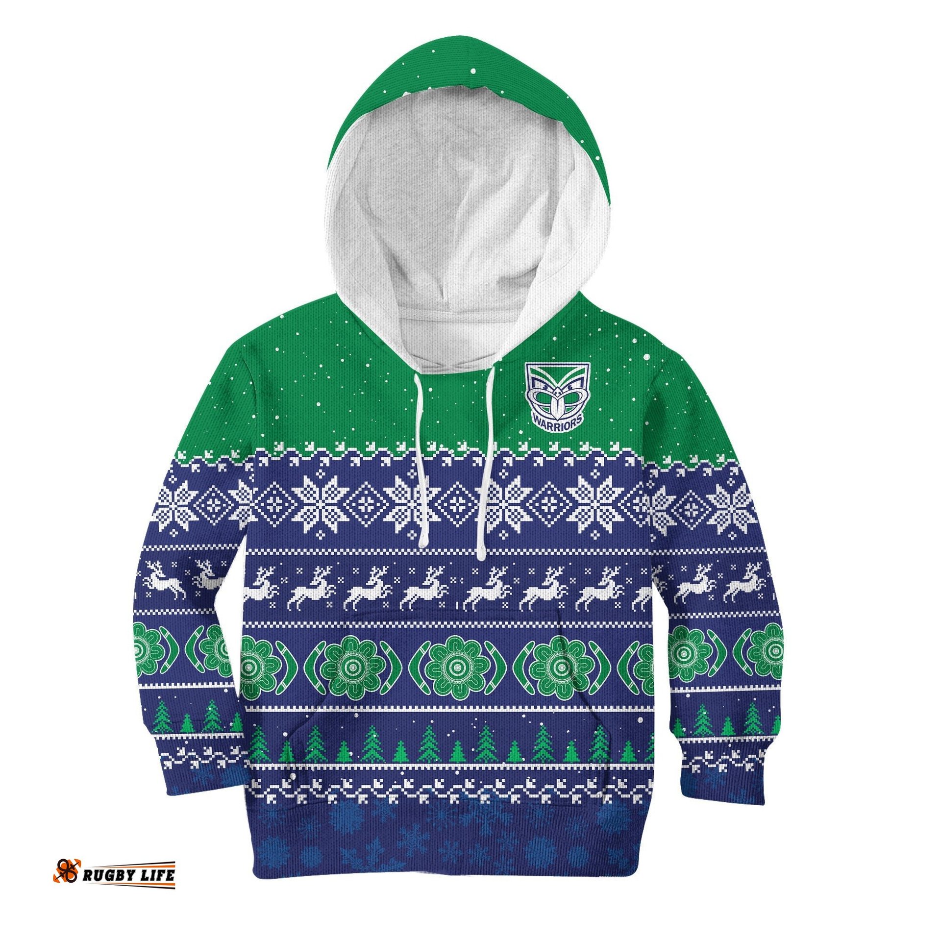 Warriors Rugby Hoodie KID New Zealand Indigenous Merry Christmas
