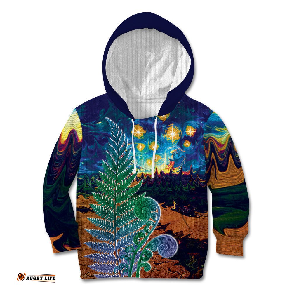 Personalised New Zealand Matariki Art Star Kid Hoodie Koru Fern Night Starry Sky