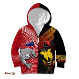Personalised PNG Hunters Mix Aussie Dolphins Rugby Kid Hoodie Motu and Aboriginal Half Half