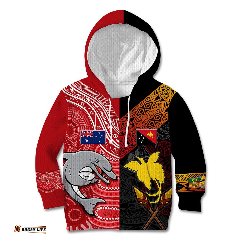 Personalised PNG Hunters Mix Aussie Dolphins Rugby Kid Hoodie Motu and Aboriginal Half Half