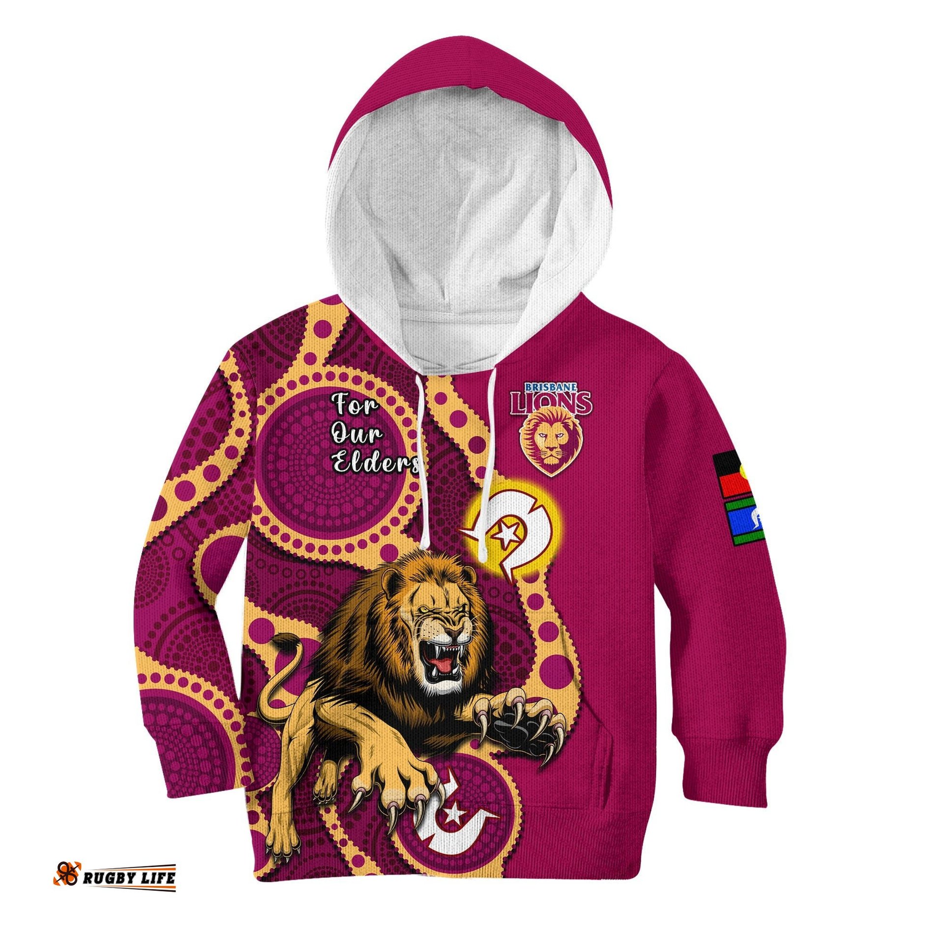 Brisbane Lions Football NAIDOC Hoodie KID For Our Elders Indigenous Art