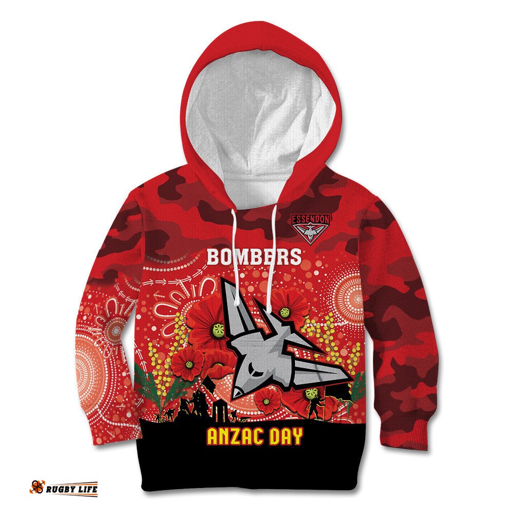 Custom Essendon Football ANZAC Kid Hoodie Gallipoli Camouflage With Poppies