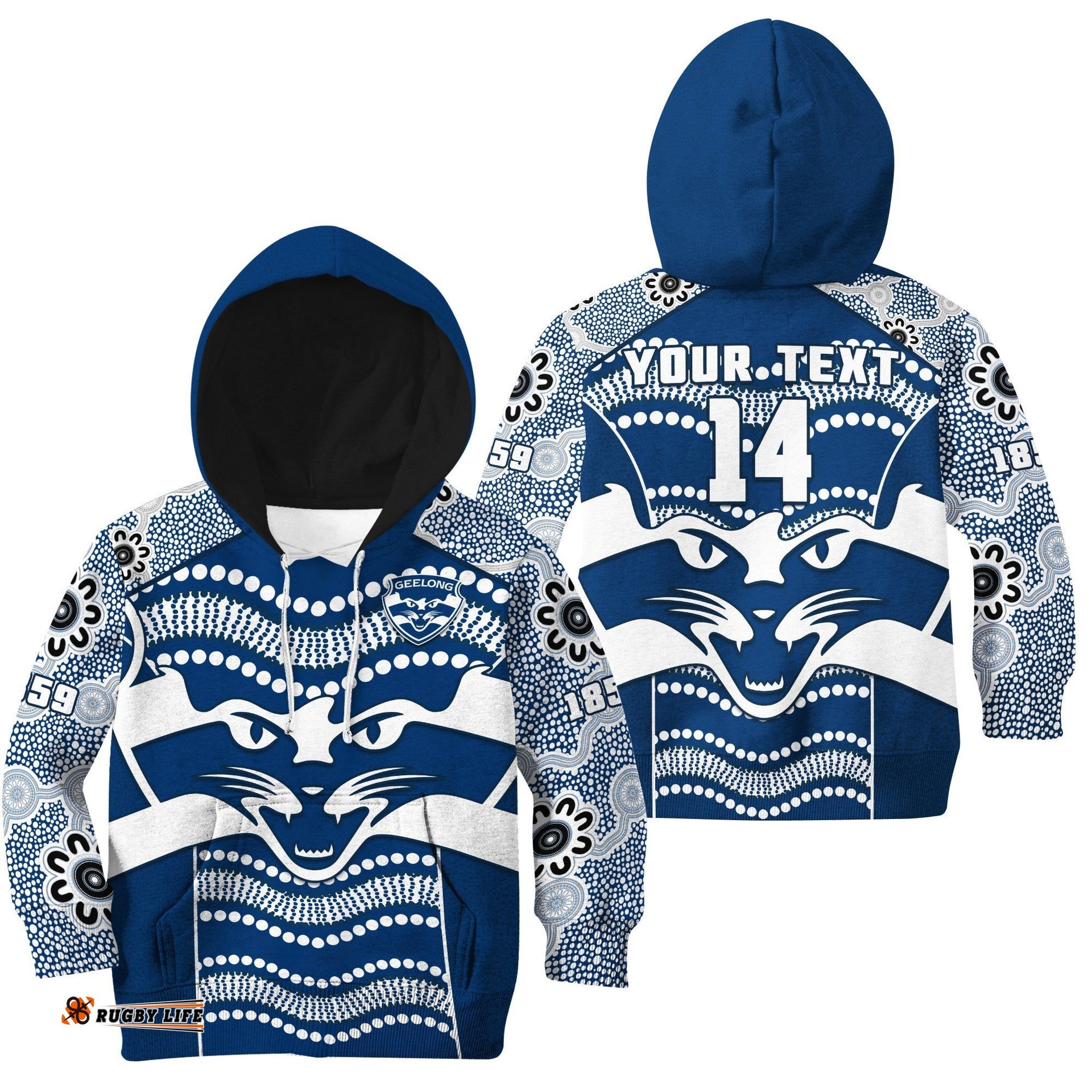 Custom Text And Number Cats Football Hoodie KID Geelong 1859 Indigenous Sporty Version