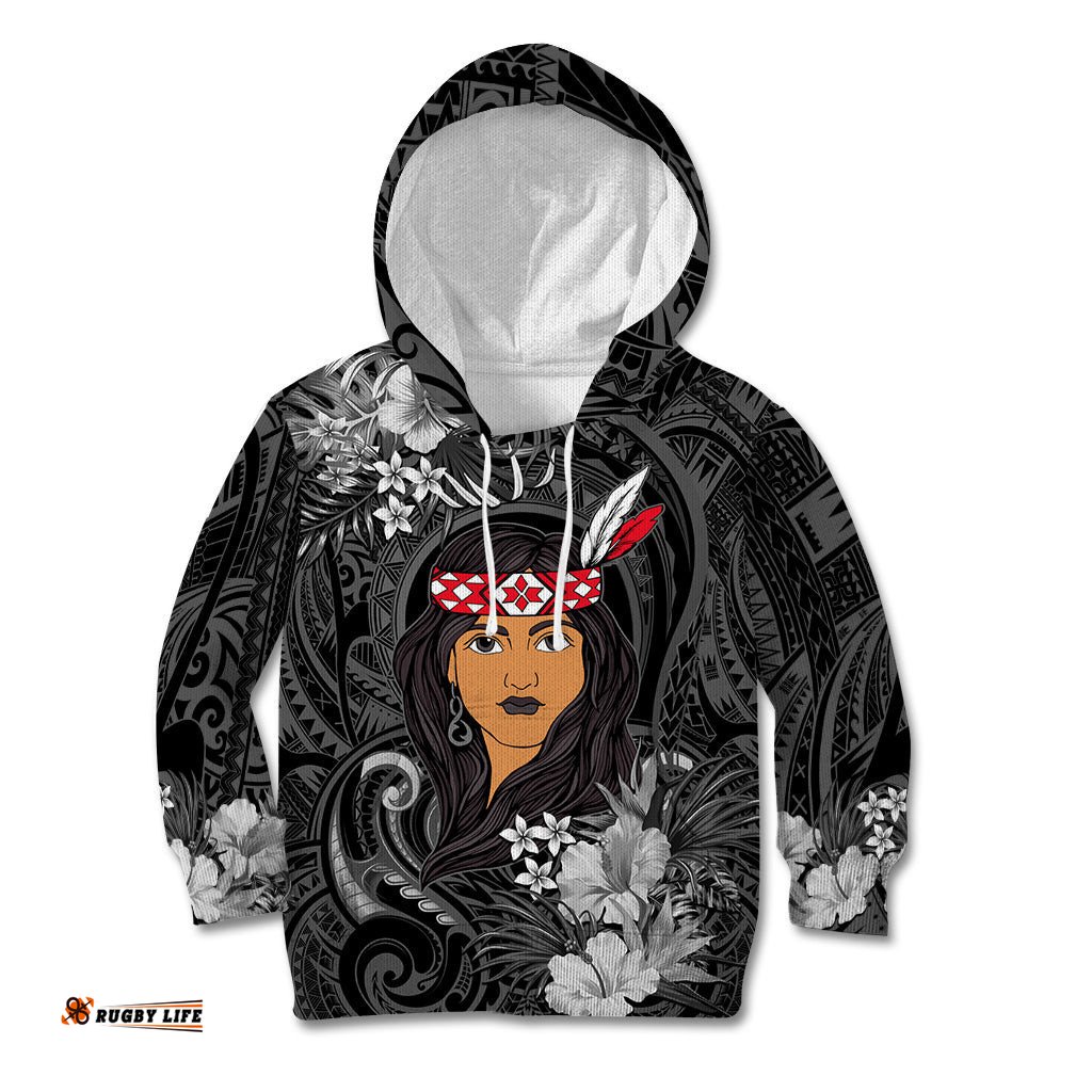 New Zealand Custom Women's Day Kid Hoodie Maori Girl Feathers of Hope Black