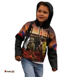 New Zealand and Australia ANZAC Day Kid Hoodie Kiwi Bird and Kangaroo Soldier