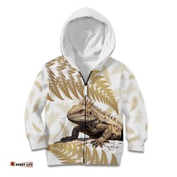 Gold New Zealand Tuatara Kid Hoodie Aotearoa Sphenodon Punctatus Silver Fern