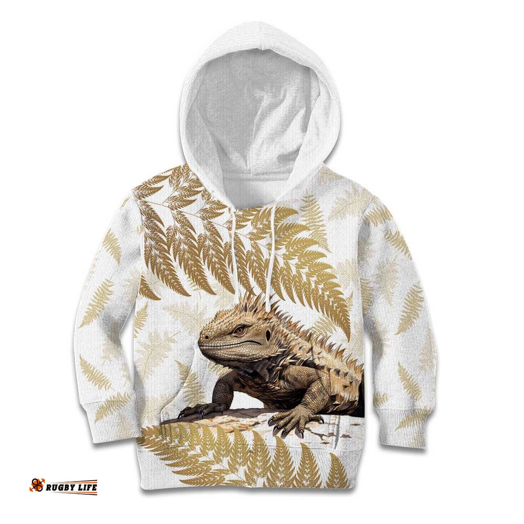 Gold New Zealand Tuatara Kid Hoodie Aotearoa Sphenodon Punctatus Silver Fern
