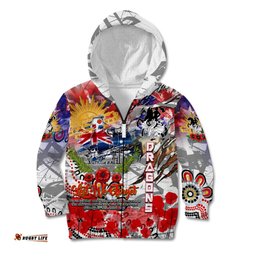 Personalised Australia Rugby Dragons ANZAC Kid Hoodie St George Illawarra Scratch Style
