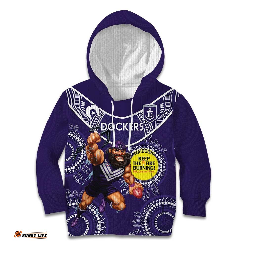 Custom AFL Dockers NAIDOC Week Kid Hoodie Keep The Fire Burning Indigenous Art