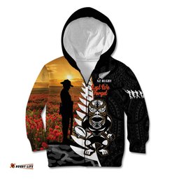 Custom New Zealand Silver Fern Rugby ANZAC Day Kid Hoodie 2024 All Black Tiki Mascot
