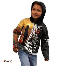 Custom New Zealand Silver Fern Rugby ANZAC Day Kid Hoodie 2024 All Black Tiki Mascot