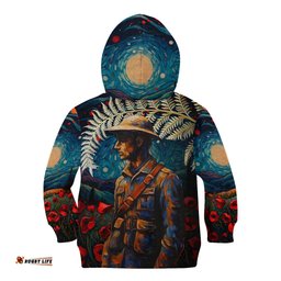 New Zealand Soldier ANZAC Day Kid Hoodie Silver Fern Starry Night Style