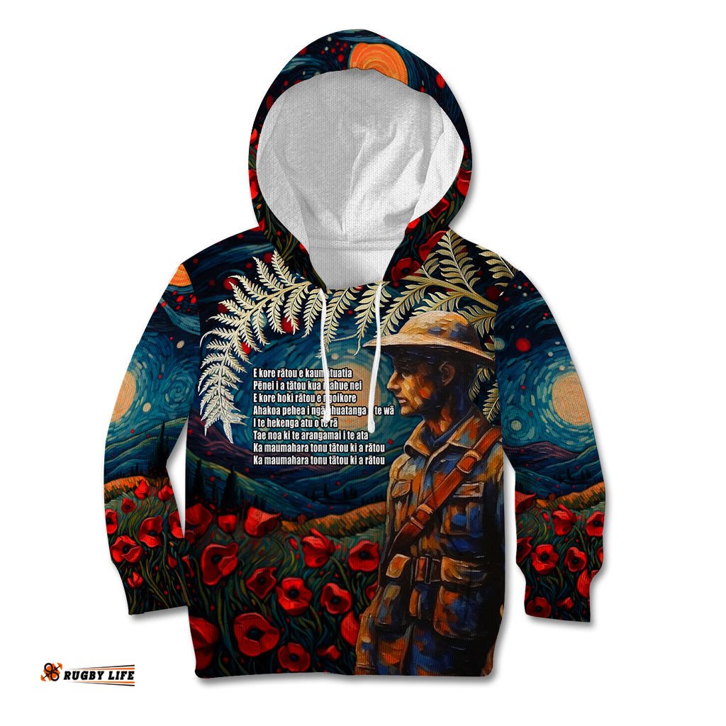 New Zealand Soldier ANZAC Day Kid Hoodie Silver Fern Starry Night Style