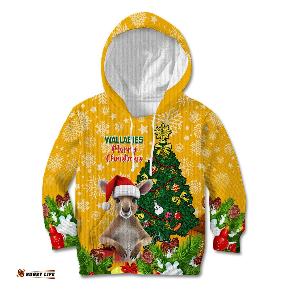 Personalised Wallabies Rugby Christmas Kid Hoodie Merry Xmas With Australian Kangaroo