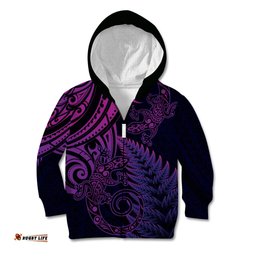 New Zealand Lizard Kid Hoodie Silver Fern Aotearoa Maori Purple Version