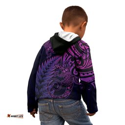 New Zealand Lizard Kid Hoodie Silver Fern Aotearoa Maori Purple Version