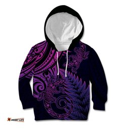 New Zealand Lizard Kid Hoodie Silver Fern Aotearoa Maori Purple Version