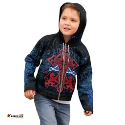 Kid Scotland Celtic Zip Up Hoodie Lion Rampant With Celtic Tree and Cross