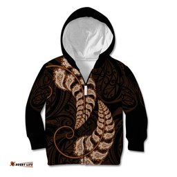 Brown New Zealand Paisley Silver Fern Kid Hoodie Aotearoa Maori