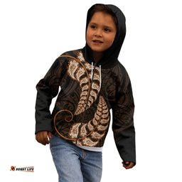 Brown New Zealand Paisley Silver Fern Kid Hoodie Aotearoa Maori