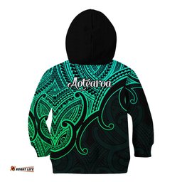 Aotearoa Maori Koru Kid Hoodie Polynesian Pacific Tribal Green