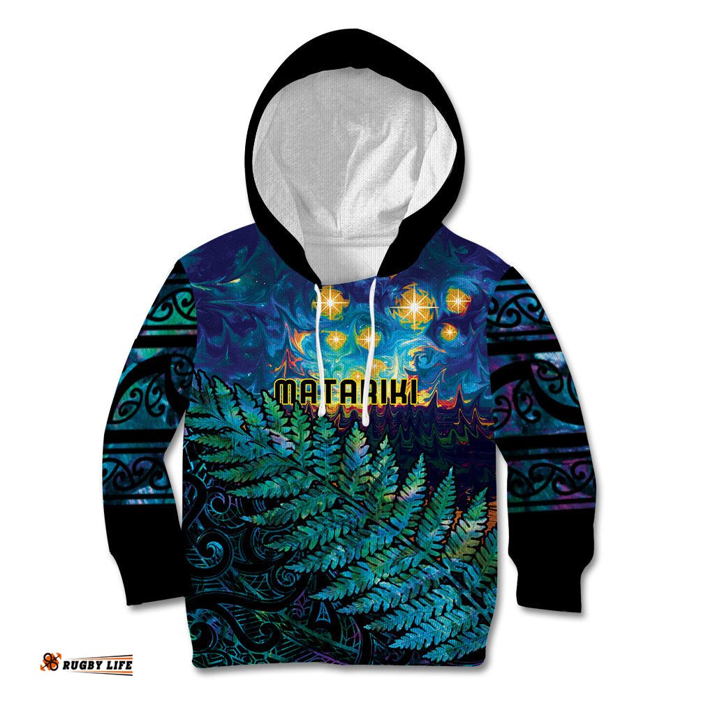 Matariki Te Tau Hou Maori Kid Hoodie New Zealand Silver Fern Night Starry Sky