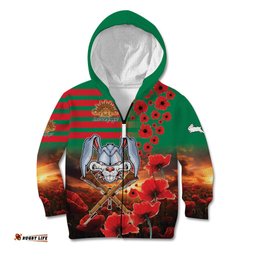 Personalised Rabbitohs Rugby ANZAC Kid Hoodie Starry Night and Field of Poppies