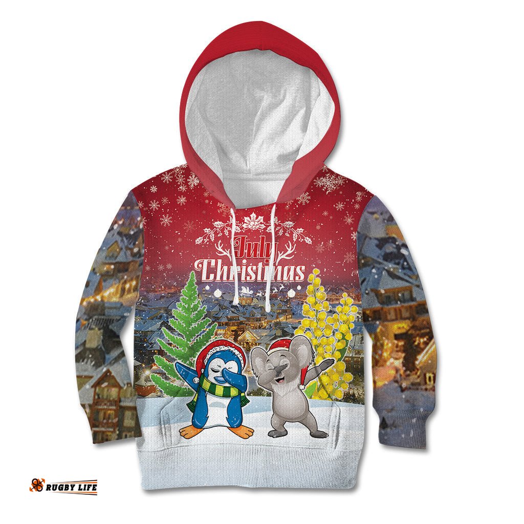 Personalised Christmas In July Kid Hoodie Funny Dabbing Dance Koala And Blue Penguins