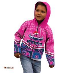 Custom Cowboys Rugby Christmas Kid Hoodie Merry Xmas Mix Aboriginal Art Pink Version