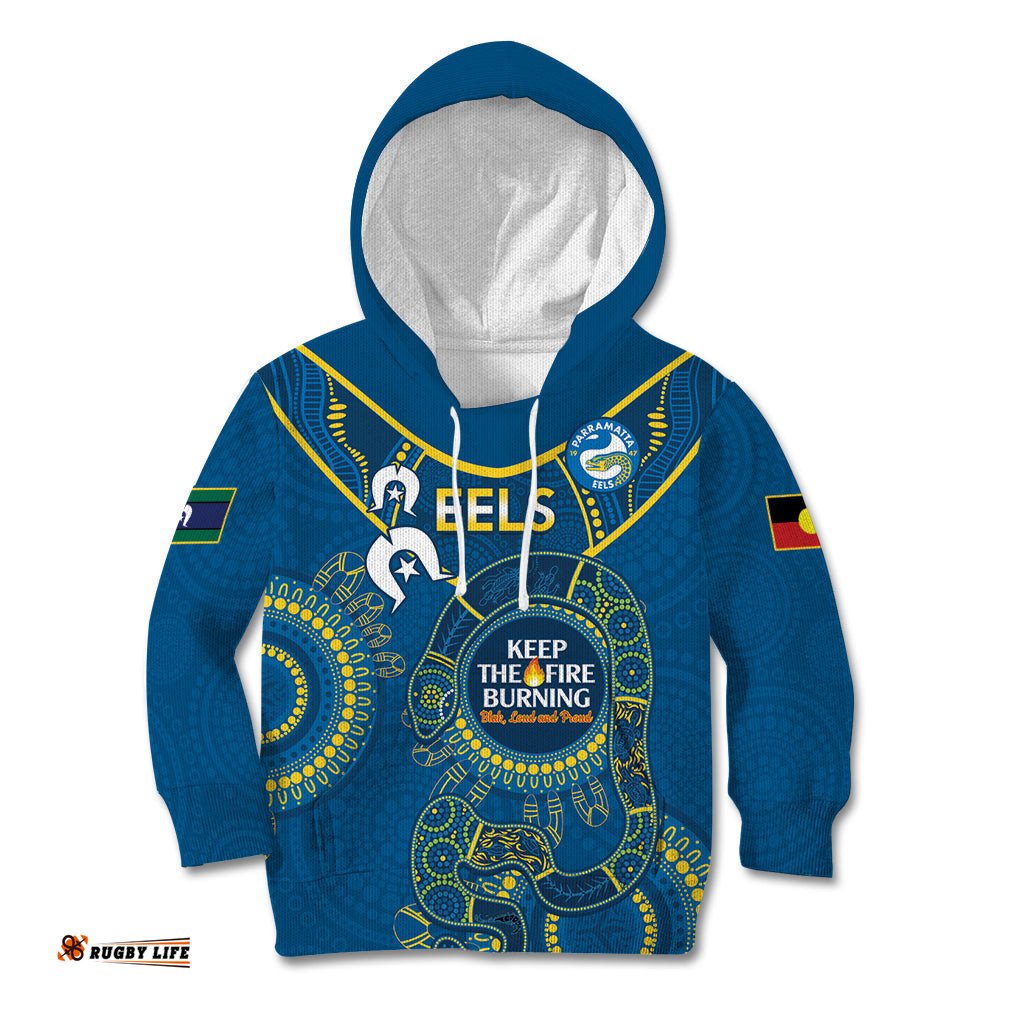 Custom NRL Eels NAIDOC Week Kid Hoodie Keep The Fire Burning Indigenous Art