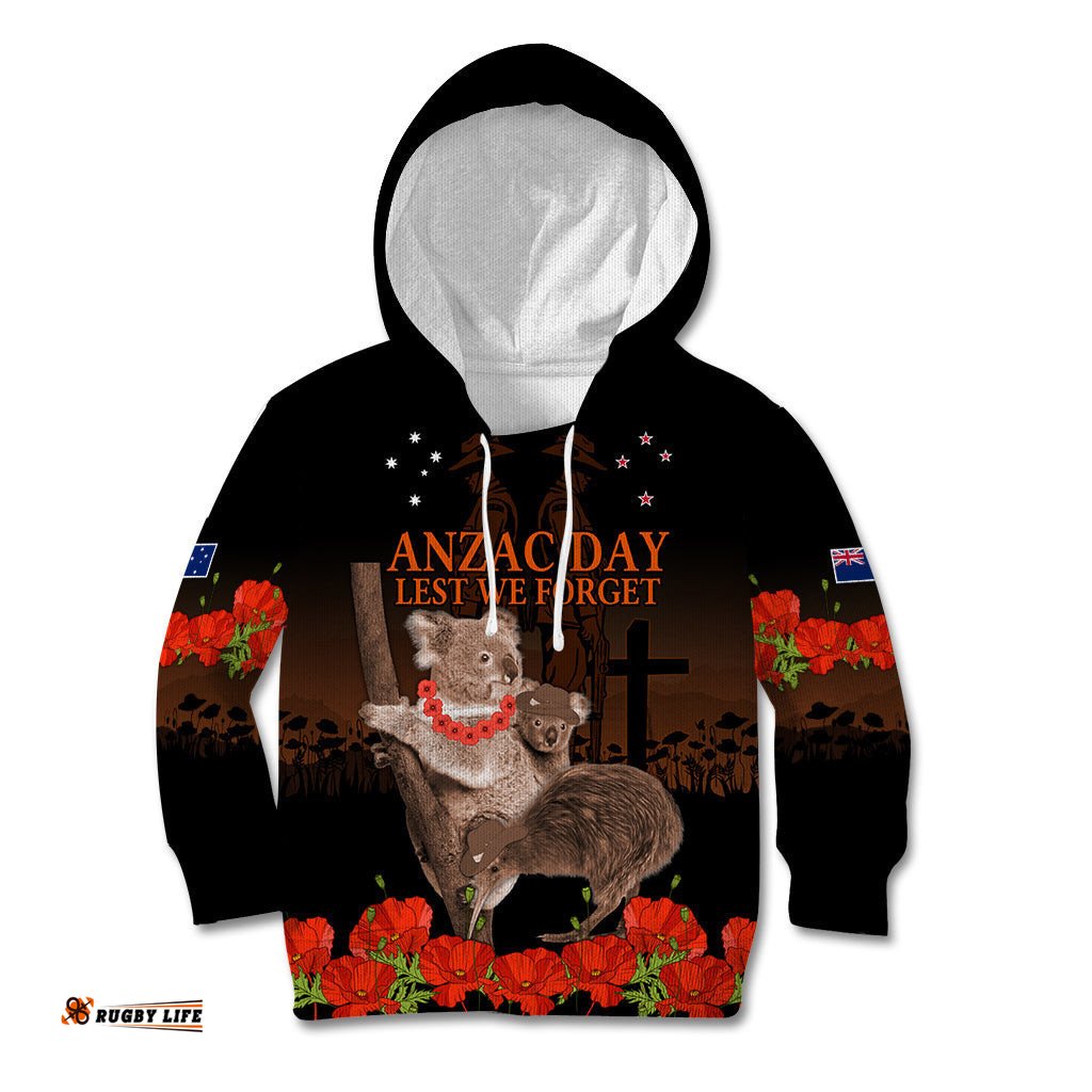 Koala and Kiwi Bird ANZAC Day Custom Kid Hoodie Soldier Style