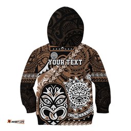 Personalised Te Reo Maori New Zealand Kid Hoodie Aotearoa Kia Haka Maori Tribal Tattoo Gold Style