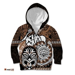 Personalised Te Reo Maori New Zealand Kid Hoodie Aotearoa Kia Haka Maori Tribal Tattoo Gold Style