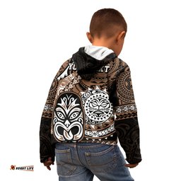 Personalised Te Reo Maori New Zealand Kid Hoodie Aotearoa Kia Haka Maori Tribal Tattoo Gold Style
